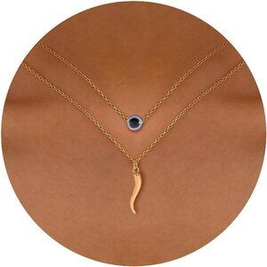 ⚡Gold Evil Eye Necklace with Horn Pendant Layered Protection Jewelry for Women